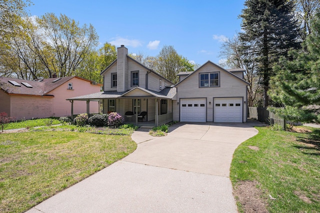 view of front facade with a porch, a garage, a chimney, and concrete driveway