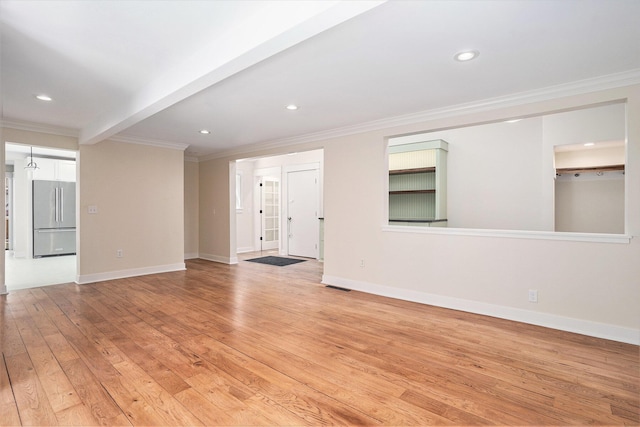 unfurnished living room featuring crown molding, light wood-type flooring, baseboards, and recessed lighting