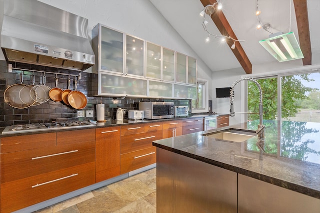 343 Shotwell, White Lake, MI 48386 - kitchen featuring wall chimney exhaust hood, lofted ceiling, brown cabinets, modern cabinets, and a sink