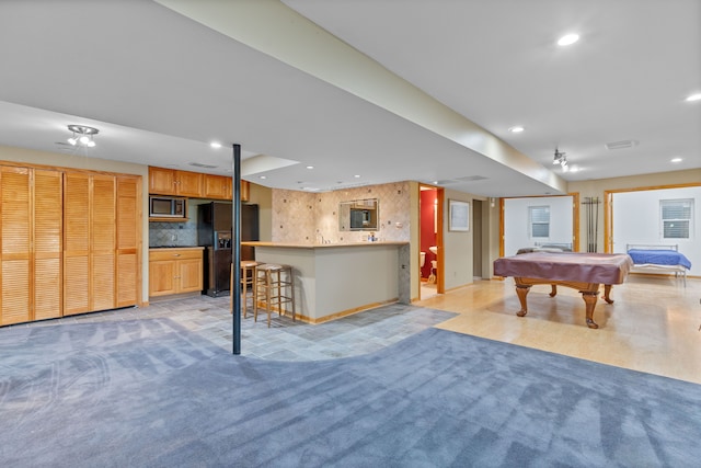 343 Shotwell, White Lake, MI 48386 - rec room with recessed lighting, billiards table, light colored carpet, bar, and baseboards