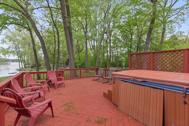 343 Shotwell, White Lake, MI 48386 - wooden terrace featuring a hot tub, a water view, and view of scattered trees