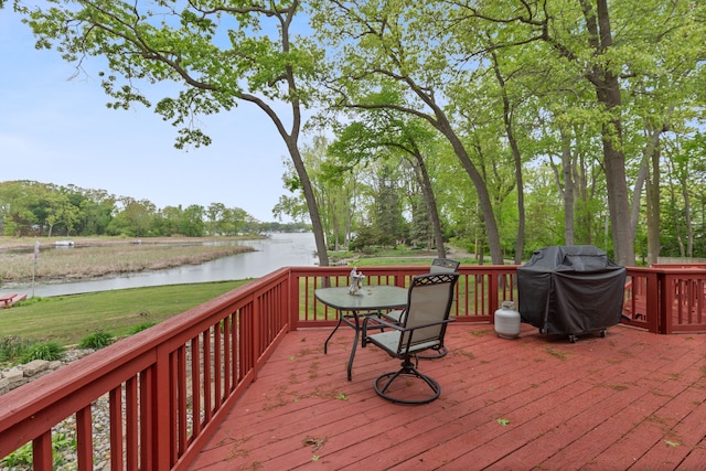 343 Shotwell, White Lake, MI 48386 - wooden terrace with a water view, a grill, and a lawn