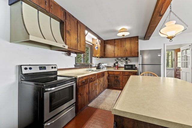 15065 Becker Dr, Mecosta, MI 49332 - kitchen featuring stainless steel appliances, brick patterned floors, plenty of natural light, a sink, and beamed ceiling