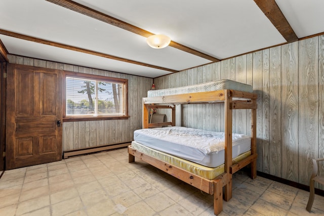 15065 Becker Dr, Mecosta, MI 49332 - bedroom with baseboard heating, light flooring, wooden walls, and baseboards