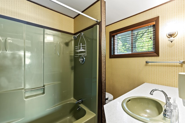 15065 Becker Dr, Mecosta, MI 49332 - bathroom with wallpapered walls, a sink, shower / bathtub combination, and toilet