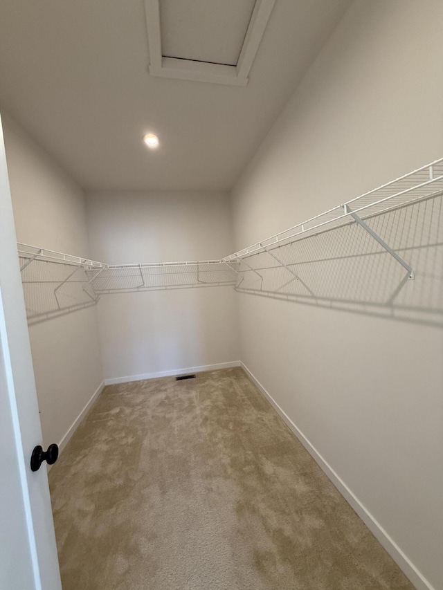 walk in closet with carpet and attic access