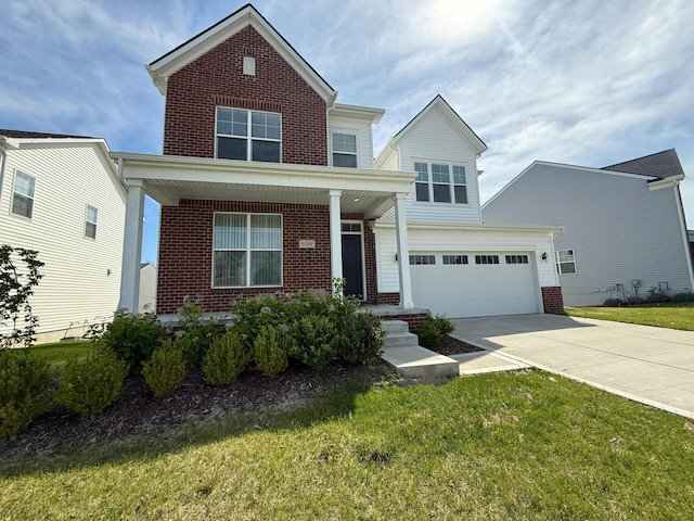 traditional home with brick siding, concrete driveway, a front lawn, and a garage