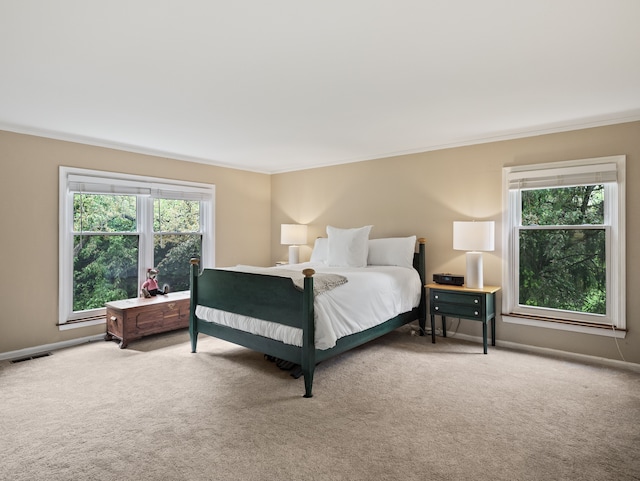 carpeted bedroom with ornamental molding and multiple windows