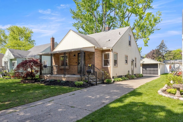 view of front of home with an outbuilding, concrete driveway, a porch, a chimney, and a detached garage