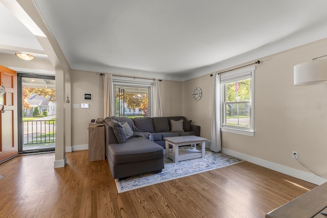 living room featuring baseboards and wood finished floors
