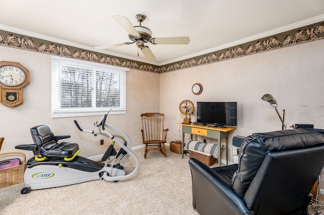 1366 E Coon Lake Rd, Howell, MI 48843 - exercise room with crown molding, ceiling fan, carpet, and baseboards