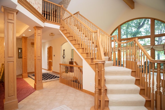 2865 Vw Ave E, Vicksburg, MI 49097 - stairs featuring high vaulted ceiling, beam ceiling, recessed lighting, baseboards, and decorative columns