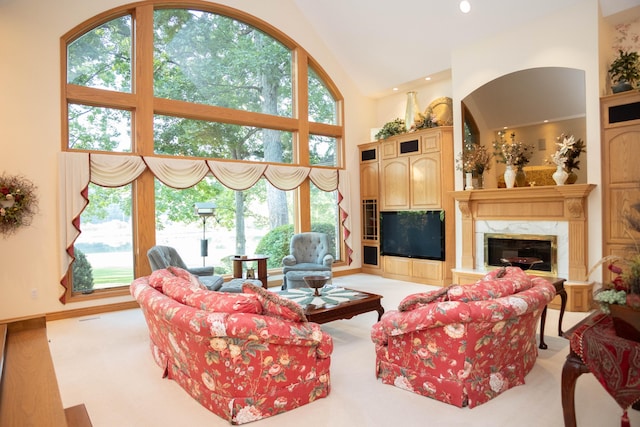 2865 Vw Ave E, Vicksburg, MI 49097 - living area featuring high vaulted ceiling, a premium fireplace, and light colored carpet