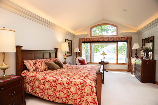 2865 Vw Ave E, Vicksburg, MI 49097 - bedroom featuring light carpet, lofted ceiling, and ornamental molding