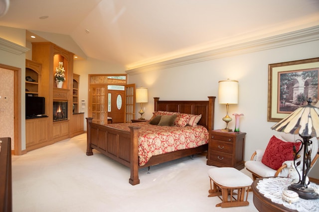 2865 Vw Ave E, Vicksburg, MI 49097 - bedroom featuring light colored carpet, lofted ceiling, crown molding, and a fireplace