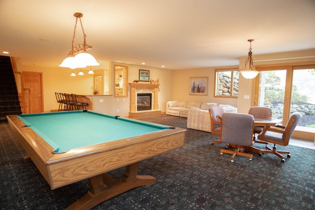 2865 Vw Ave E, Vicksburg, MI 49097 - recreation room featuring carpet, billiards table, a glass covered fireplace, and recessed lighting