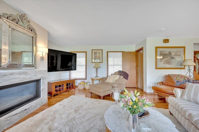 living room featuring wood finished floors and a glass covered fireplace