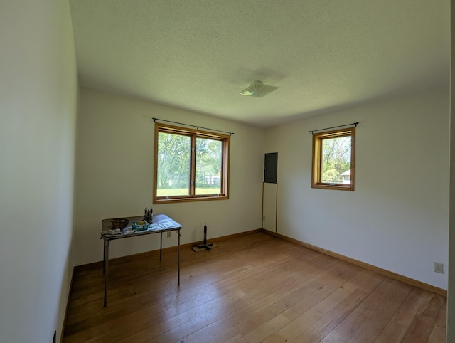 empty room featuring plenty of natural light, a textured ceiling, hardwood / wood-style flooring, and baseboards