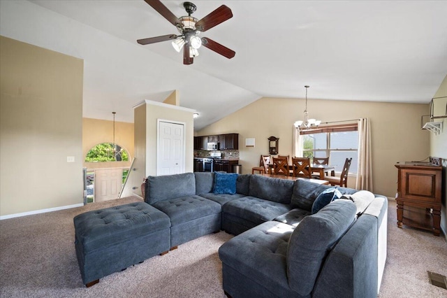 215 Caribou Run, Dundee, MI 48131 - living area with light carpet, a ceiling fan, a chandelier, lofted ceiling, and baseboards