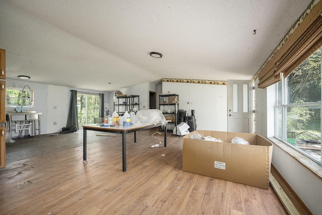 playroom with a textured ceiling and wood finished floors