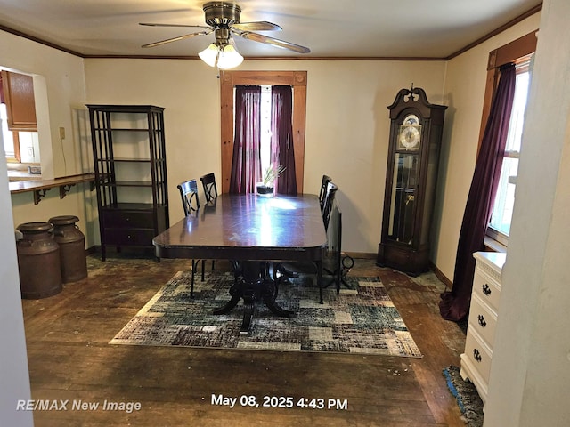 1551 Division St, Saginaw, MI 48602 - dining area featuring ornamental molding, plenty of natural light, ceiling fan, wood finished floors, and baseboards