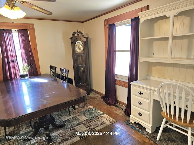 1551 Division St, Saginaw, MI 48602 - office featuring ornamental molding, a ceiling fan, dark wood-style flooring, baseboards, and built in study area