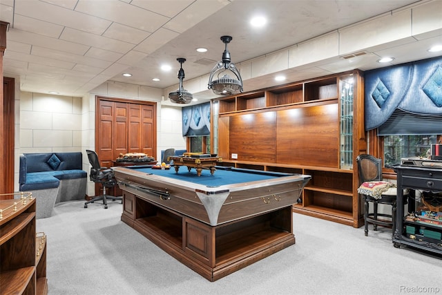 7310 Sandy Creek Ln, Bloomfield Hills, MI 48301 - playroom with light colored carpet, pool table, and recessed lighting
