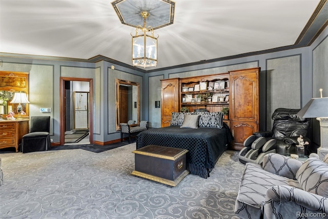 7310 Sandy Creek Ln, Bloomfield Hills, MI 48301 - bedroom featuring carpet flooring, crown molding, and a chandelier