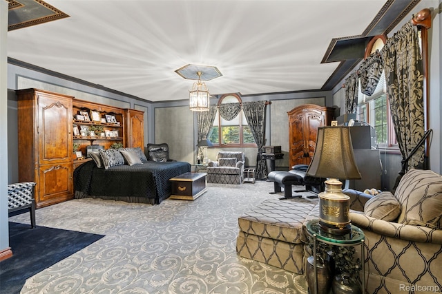 7310 Sandy Creek Ln, Bloomfield Hills, MI 48301 - carpeted living area with ornamental molding and a chandelier