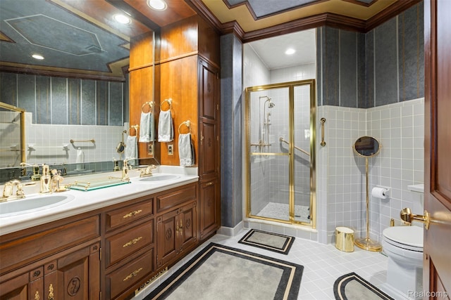 7310 Sandy Creek Ln, Bloomfield Hills, MI 48301 - full bathroom with ornamental molding, a shower stall, double vanity, tile patterned floors, and inlaid floor details