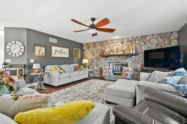 15974 Rustic Ln S, Vicksburg, MI 49097 - living room with a ceiling fan, wood finished floors, and a fireplace