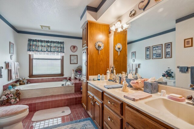 6125 Alber Rd, Saline, MI 48176 - full bath with crown molding, a garden tub, wallpapered walls, double vanity, and tile patterned floors