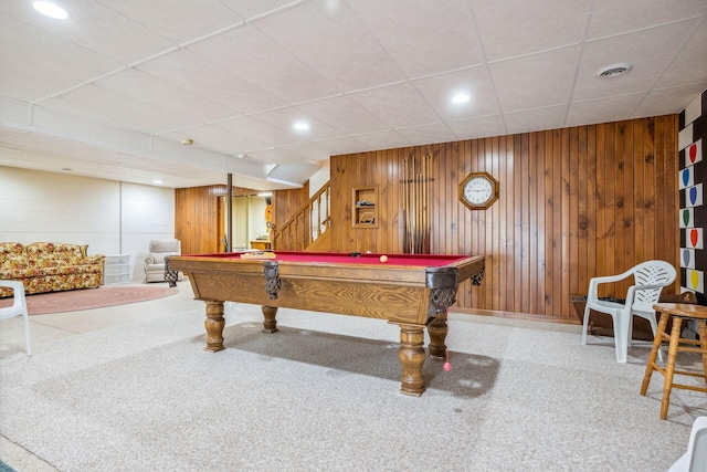 6125 Alber Rd, Saline, MI 48176 - recreation room featuring carpet flooring, billiards, wooden walls, and recessed lighting