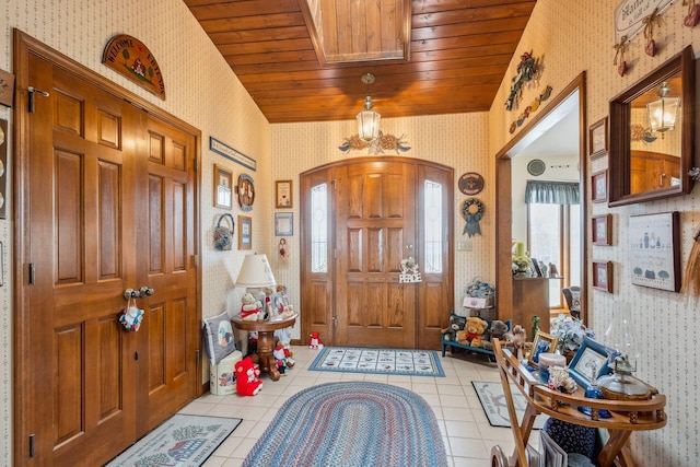 6125 Alber Rd, Saline, MI 48176 - foyer featuring wallpapered walls, wood ceiling, and light tile patterned floors