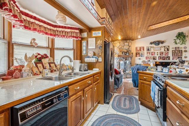 6125 Alber Rd, Saline, MI 48176 - kitchen with a sink, dishwasher, wood ceiling, range with electric stovetop, and brown cabinetry