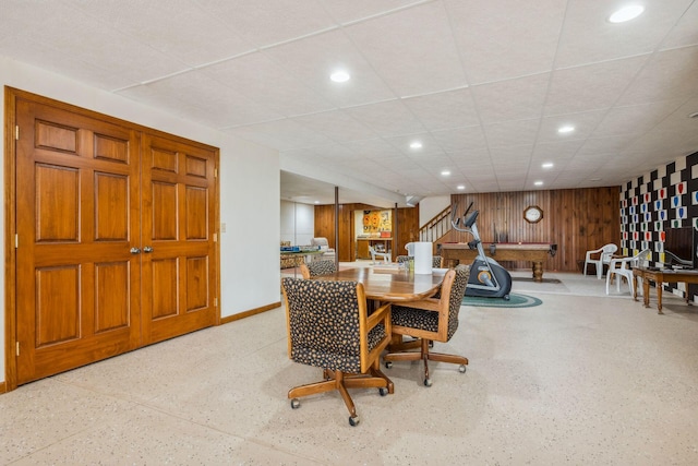 6125 Alber Rd, Saline, MI 48176 - dining area featuring recessed lighting, wooden walls, speckle patterned floor, billiards table, and stairway