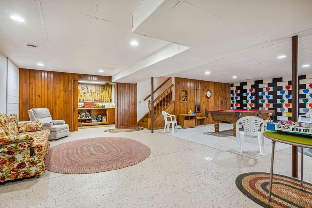 6125 Alber Rd, Saline, MI 48176 - playroom featuring wooden walls, pool table, a paneled ceiling, recessed lighting, and speckle patterned floor