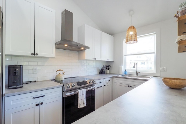 10671 California Rd, Bridgman, MI 49106 - kitchen featuring electric range, ventilation hood, a sink, tasteful backsplash, and lofted ceiling