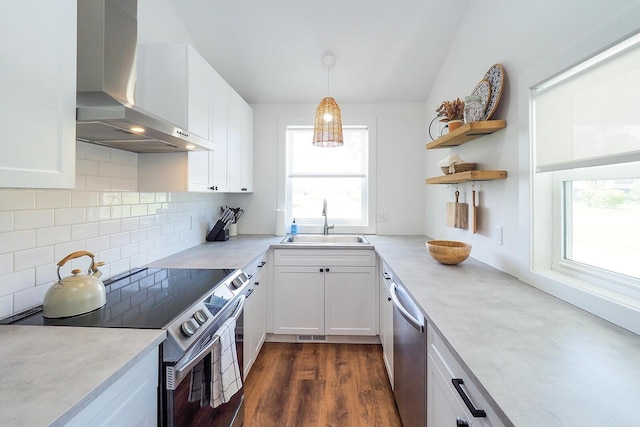 10671 California Rd, Bridgman, MI 49106 - kitchen featuring wall chimney range hood, stainless steel appliances, a sink, and white cabinetry