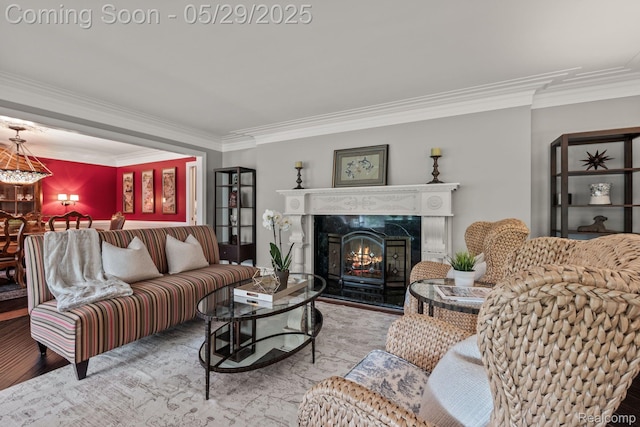 4906 Charing Cross Rd, Bloomfield Hills, MI 48304 - living area featuring ornamental molding, wood finished floors, and a high end fireplace