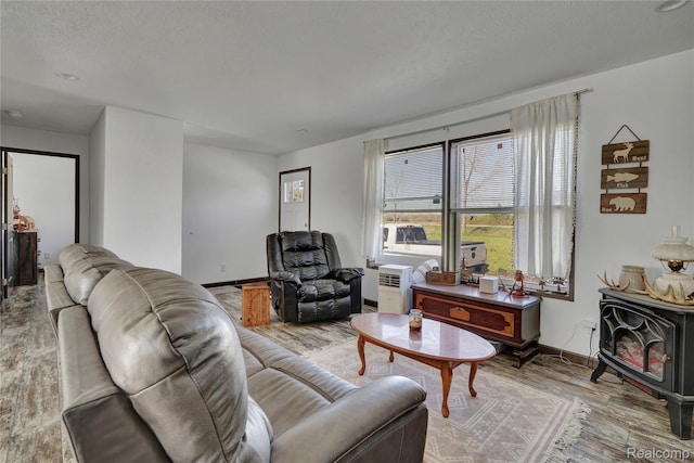 7376 Capac Rd, Yale, MI 48097 - living room with wood finished floors, baseboards, and a wood stove