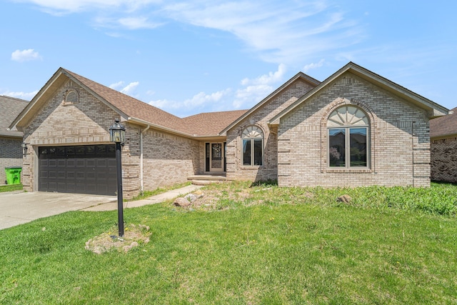 53242 Clarion Dr, Macomb, MI 48042 - ranch-style house with brick siding, a garage, concrete driveway, a front yard, and a shingled roof