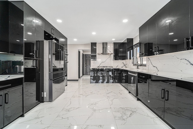 53242 Clarion Dr, Macomb, MI 48042 - kitchen with dark cabinetry, wall chimney exhaust hood, modern cabinets, a sink, and dishwashing machine