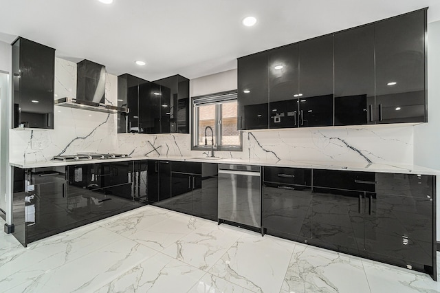 53242 Clarion Dr, Macomb, MI 48042 - kitchen with dark cabinetry, wall chimney exhaust hood, stainless steel appliances, modern cabinets, and recessed lighting