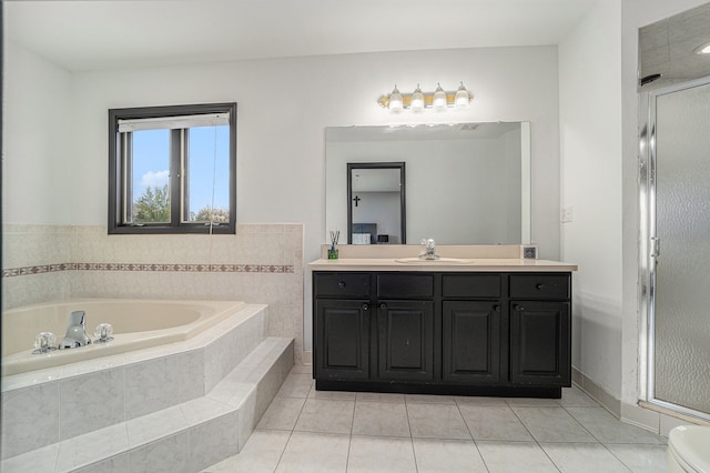 53242 Clarion Dr, Macomb, MI 48042 - bathroom featuring a shower stall, tile patterned flooring, vanity, and a bath