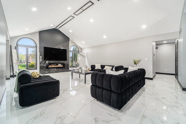 53242 Clarion Dr, Macomb, MI 48042 - living room featuring light marble finish flooring, recessed lighting, high vaulted ceiling, and baseboards