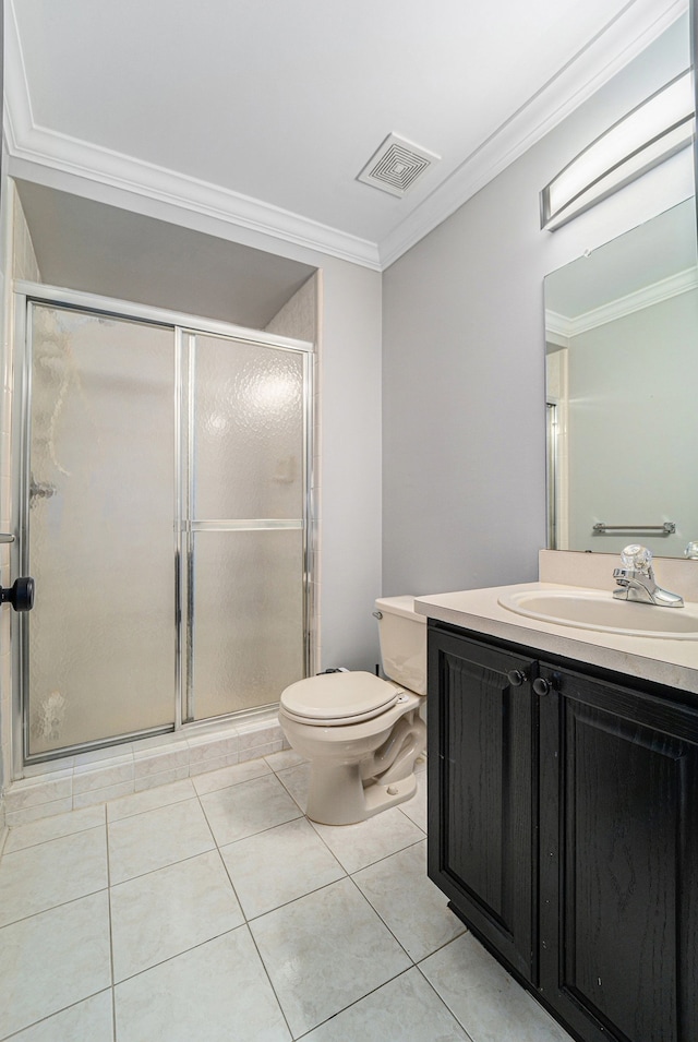 53242 Clarion Dr, Macomb, MI 48042 - bathroom featuring tile patterned flooring, ornamental molding, a stall shower, toilet, and vanity