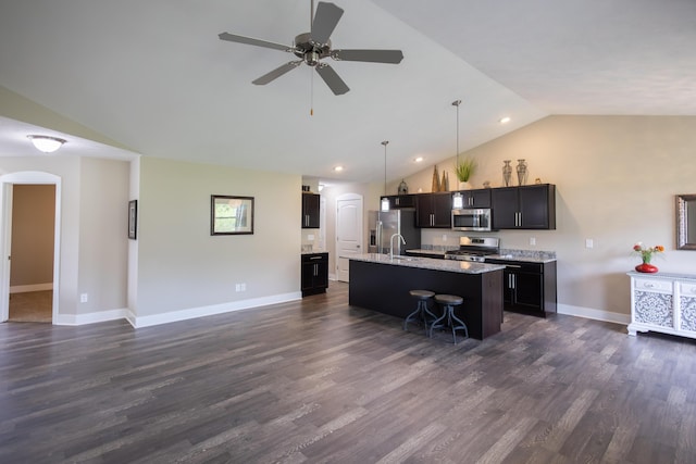 kitchen featuring stainless steel appliances, arched walkways, vaulted ceiling, an island with sink, and open floor plan