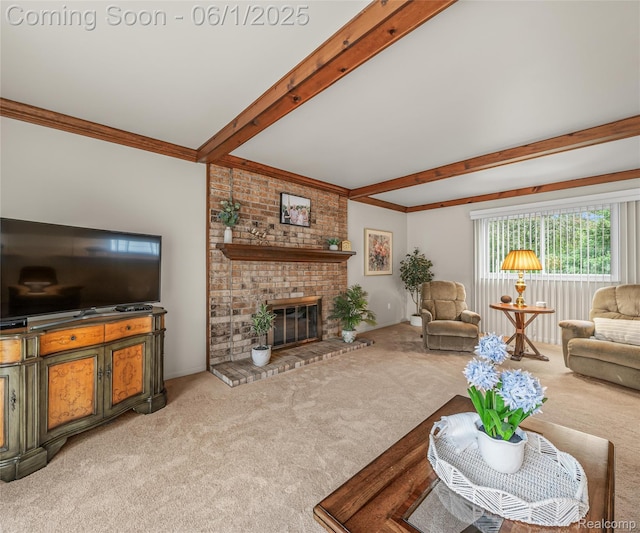 42736 Boulden Ct, Canton, MI 48187 - living area featuring carpet floors, beamed ceiling, a brick fireplace, and crown molding