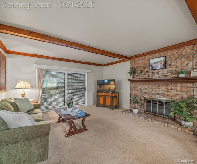 42736 Boulden Ct, Canton, MI 48187 - living room featuring carpet flooring, beamed ceiling, and a fireplace